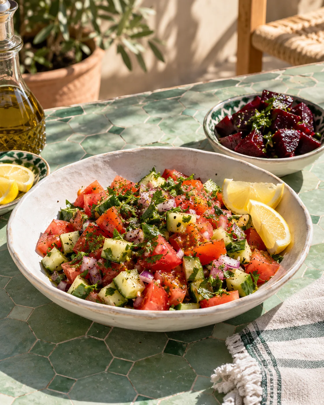 A fresh vegetable salad with beetroot to the side