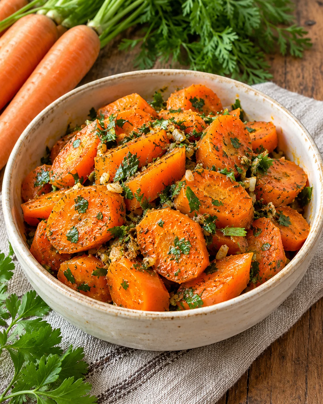 Cooked carrots dressed with herbs and seasoning
