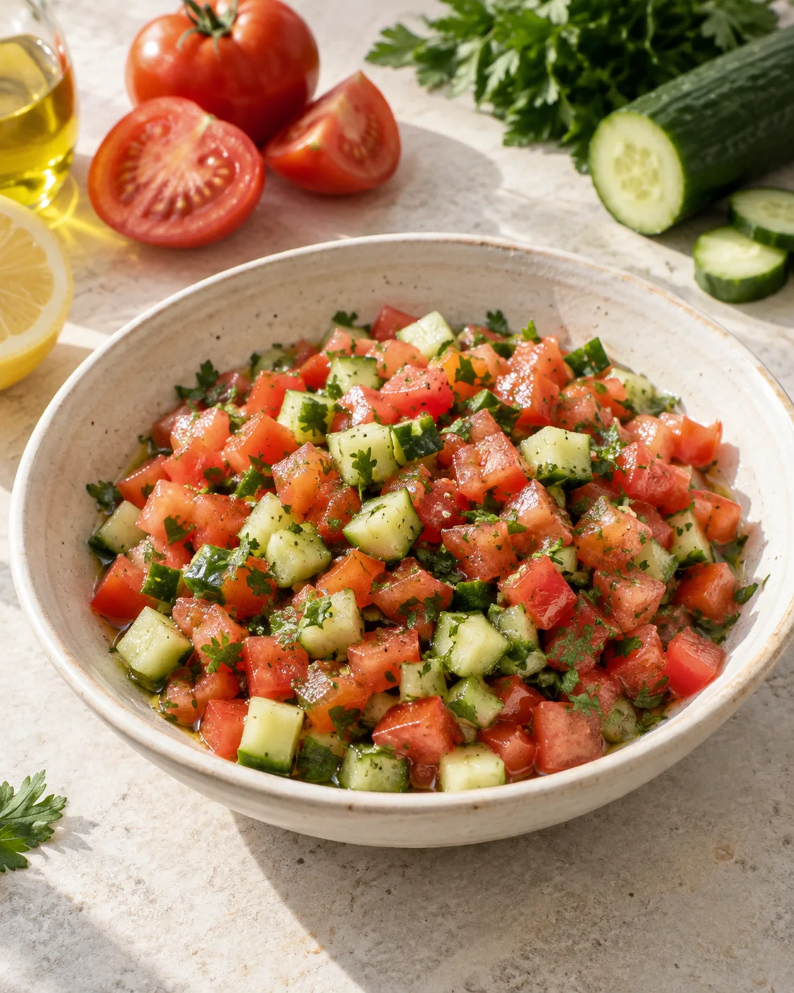 Finely cut tomato and cucumber salad in a pale bowl