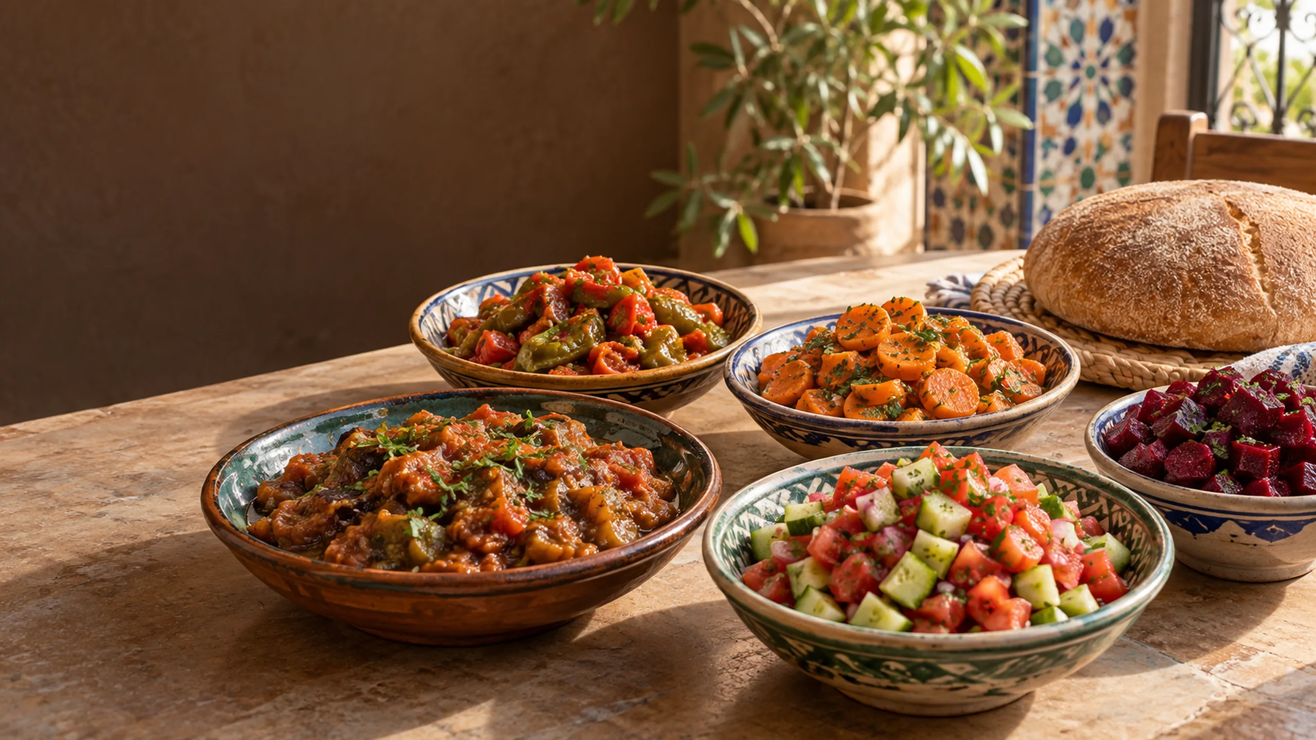 Five distinct Moroccan salad and side dishes on a home table