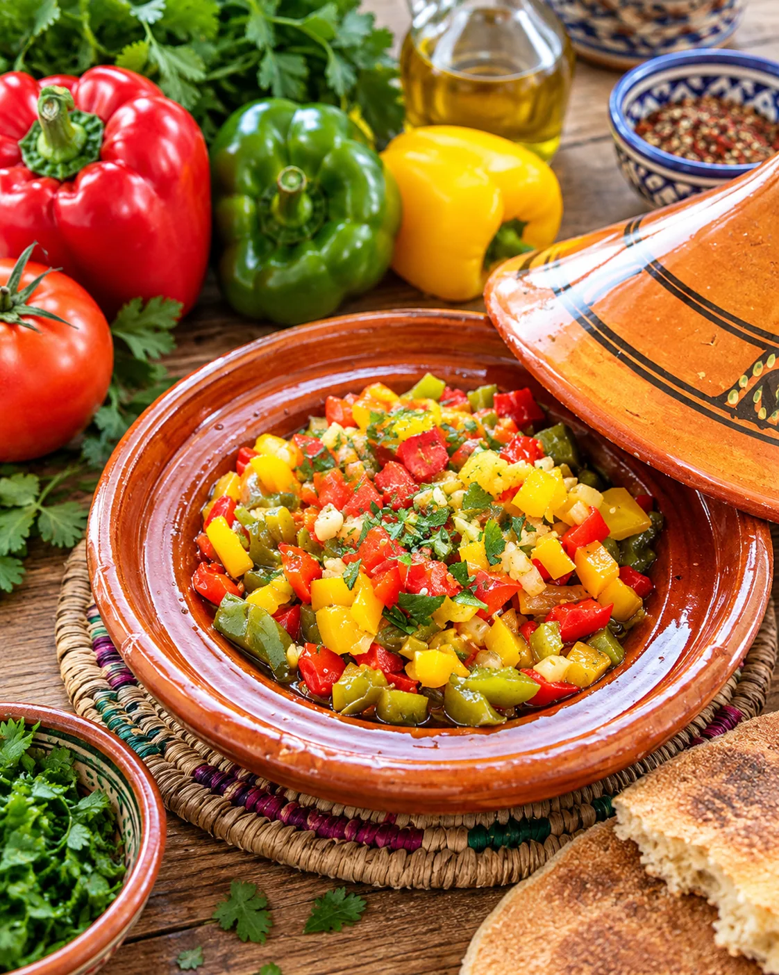 Diced peppers in a small terracotta serving dish