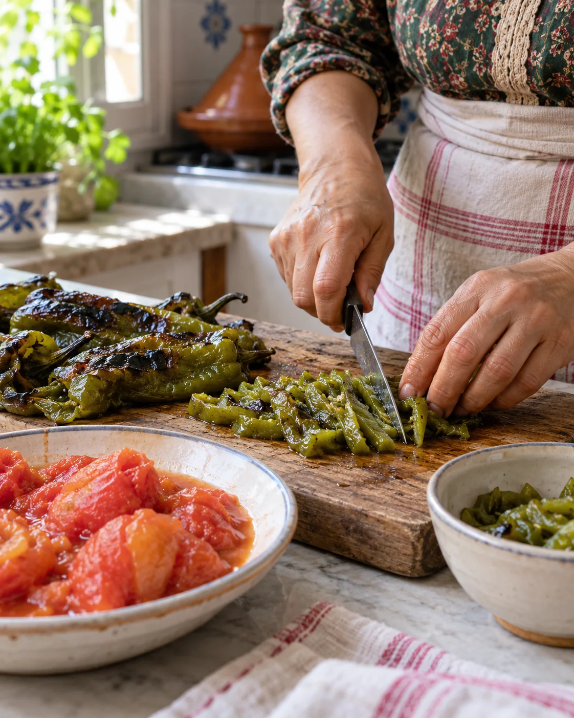Hands chopping charred green peppers for taktouka