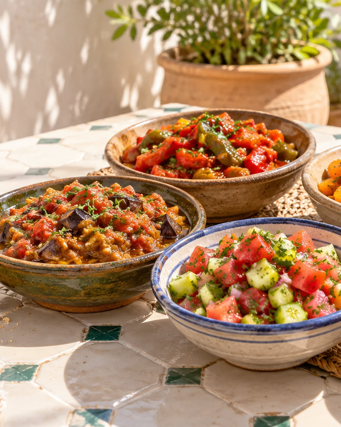 Several distinct small Moroccan salad dishes on a table