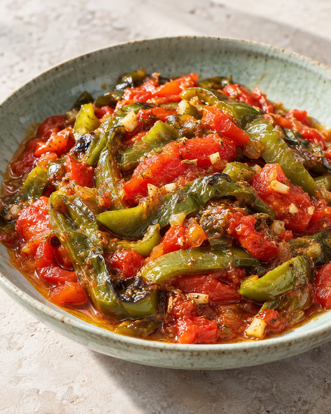 Cooked green peppers and tomatoes in taktouka