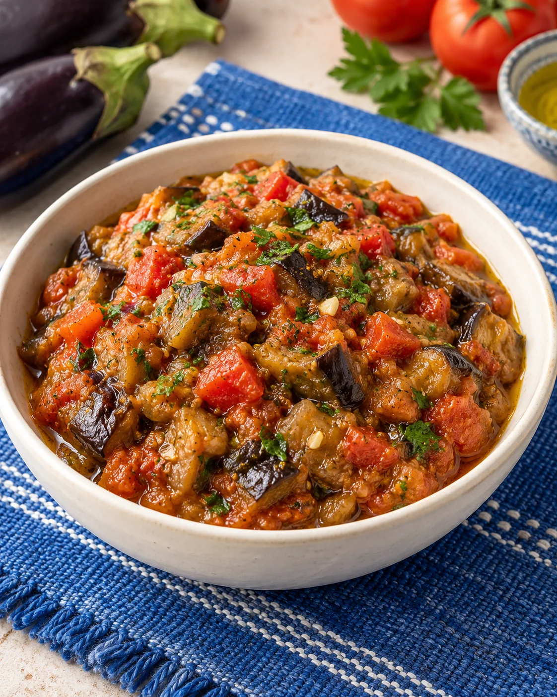Soft aubergine and tomato zaalouk in a white bowl