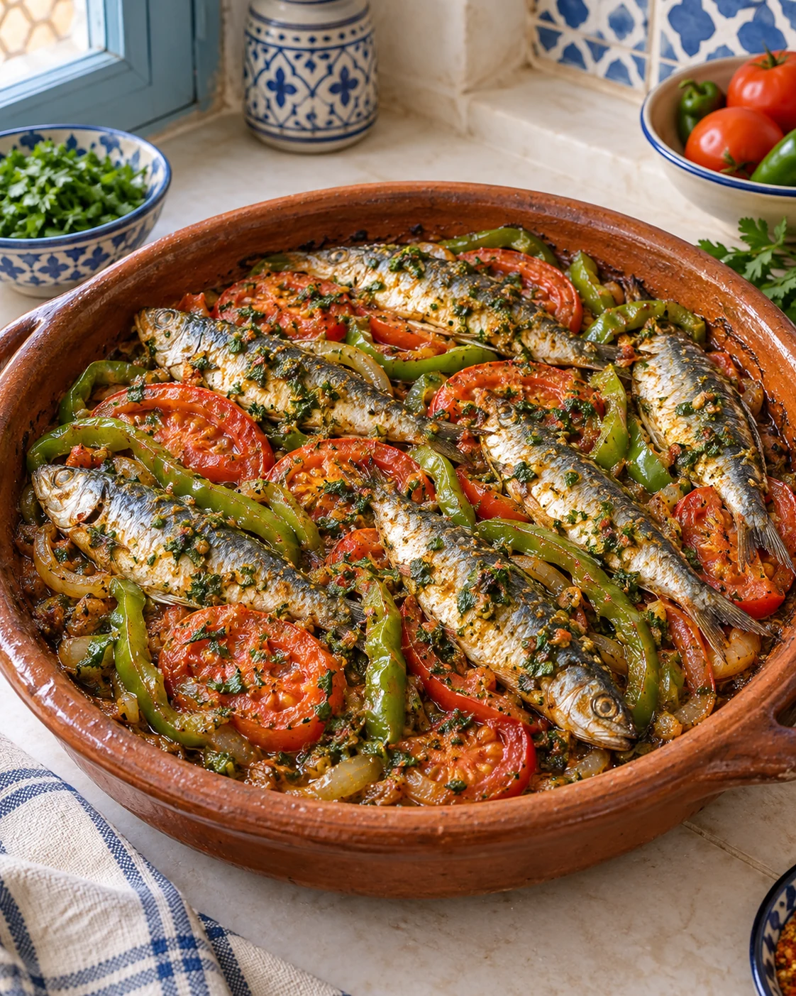 Sardines baked with tomato, pepper, lemon and chermoula
