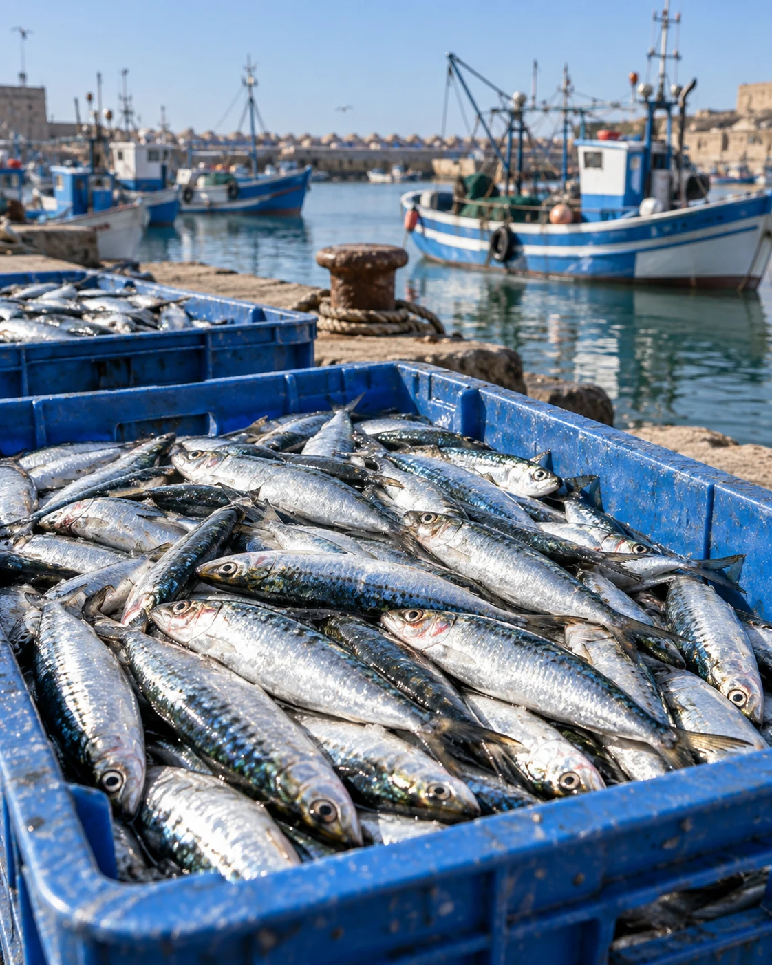 Crates of fresh sardines beside blue fishing boats in a Moroccan Atlantic harbour