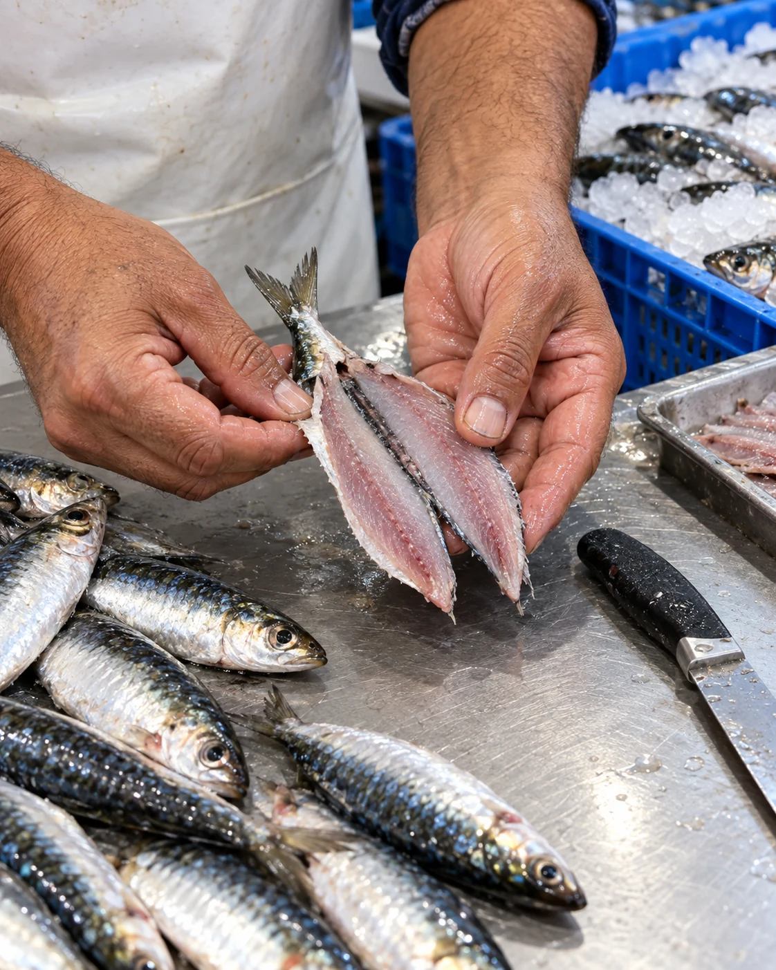 A fishmonger carefully butterflying a fresh sardine