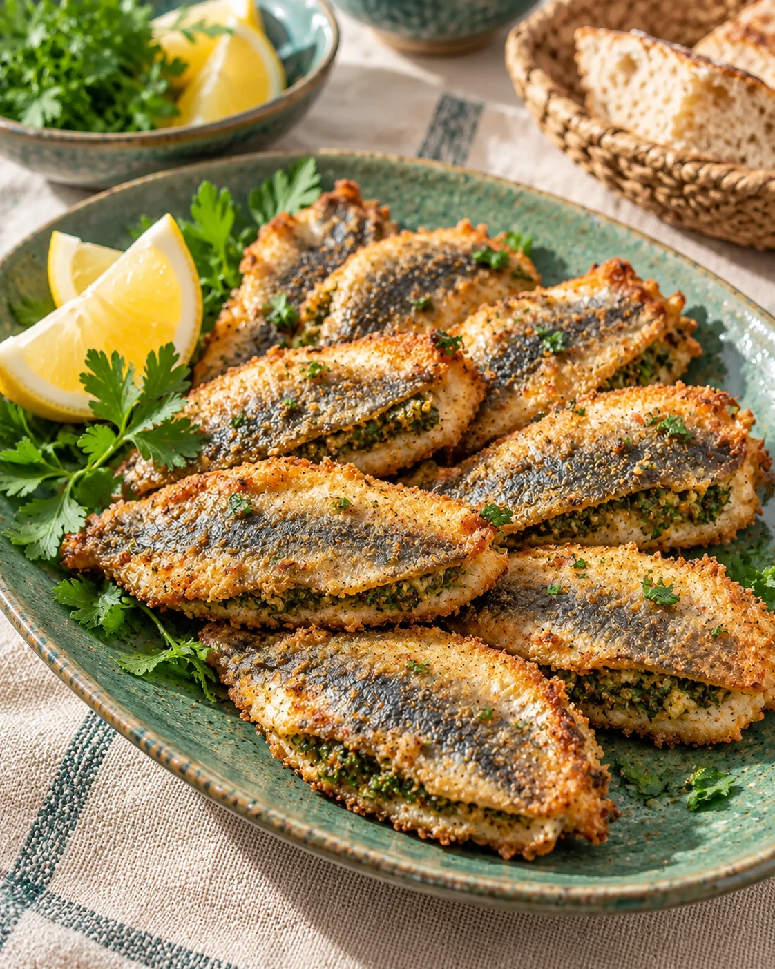 Crisp fried sardine pairs filled with chermoula