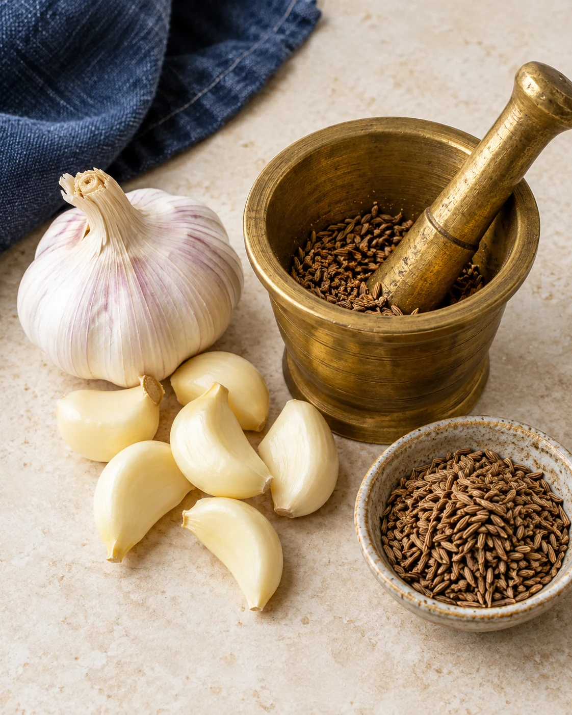 Garlic cloves and ground cumin in ceramic bowls