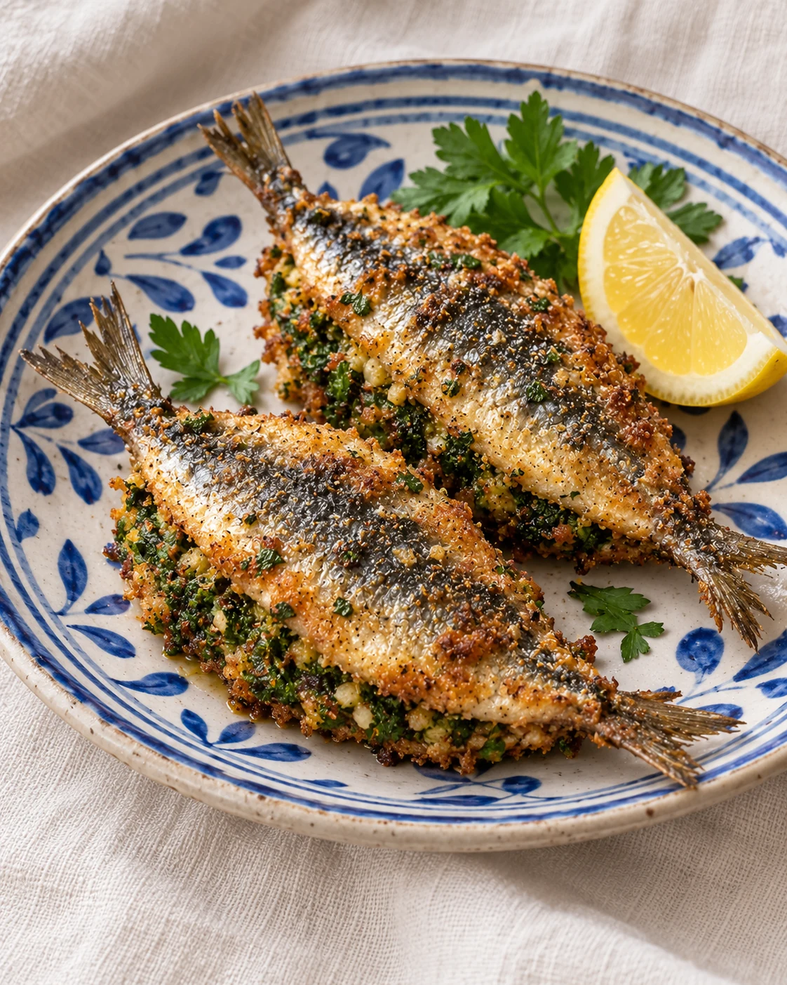 Two chermoula-filled sardines paired on a hand-painted plate