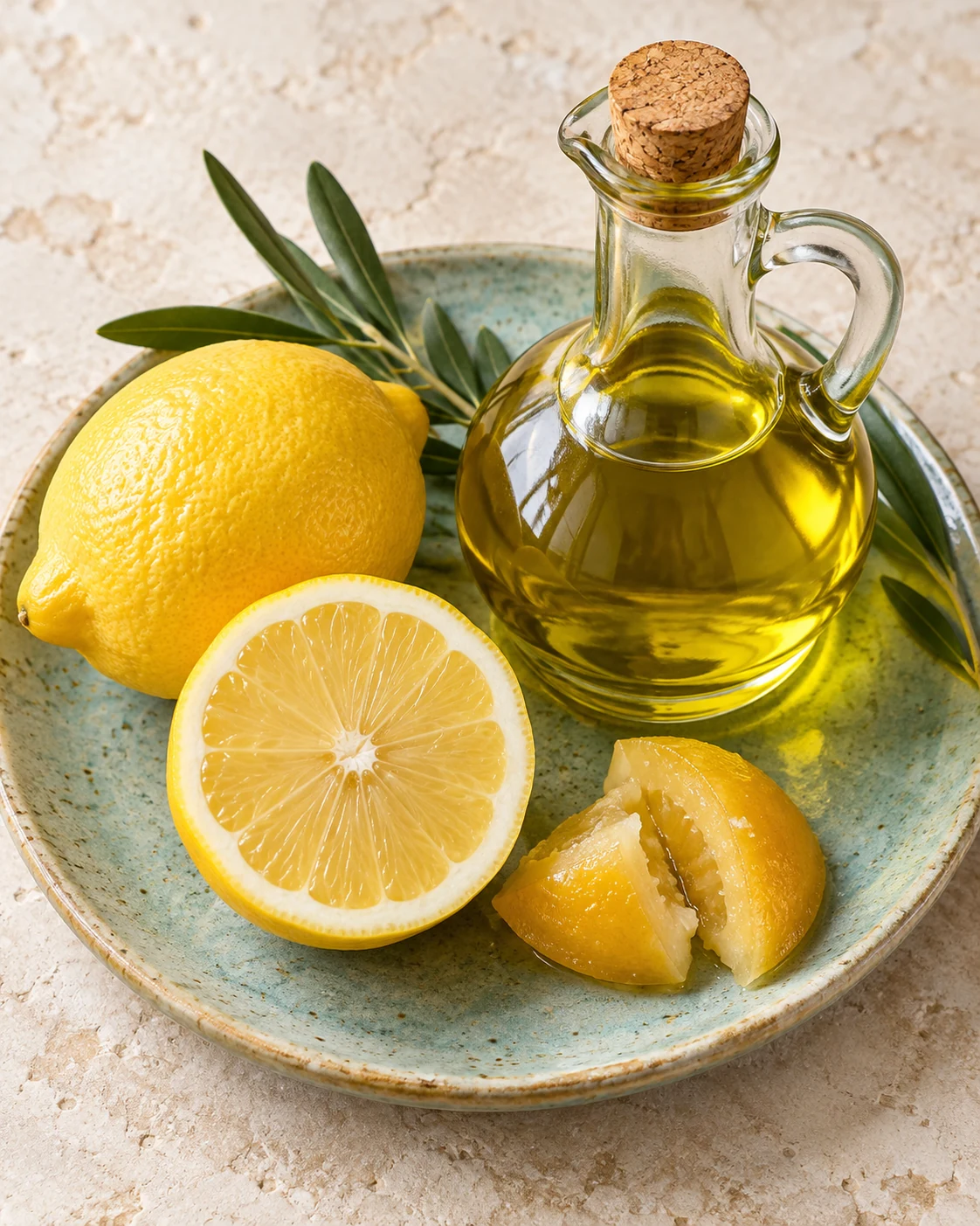 Fresh lemon, preserved lemon and olive oil