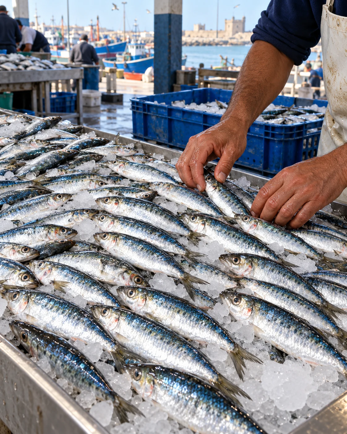 Fresh sardines displayed in neat rows at a Moroccan coastal fish market