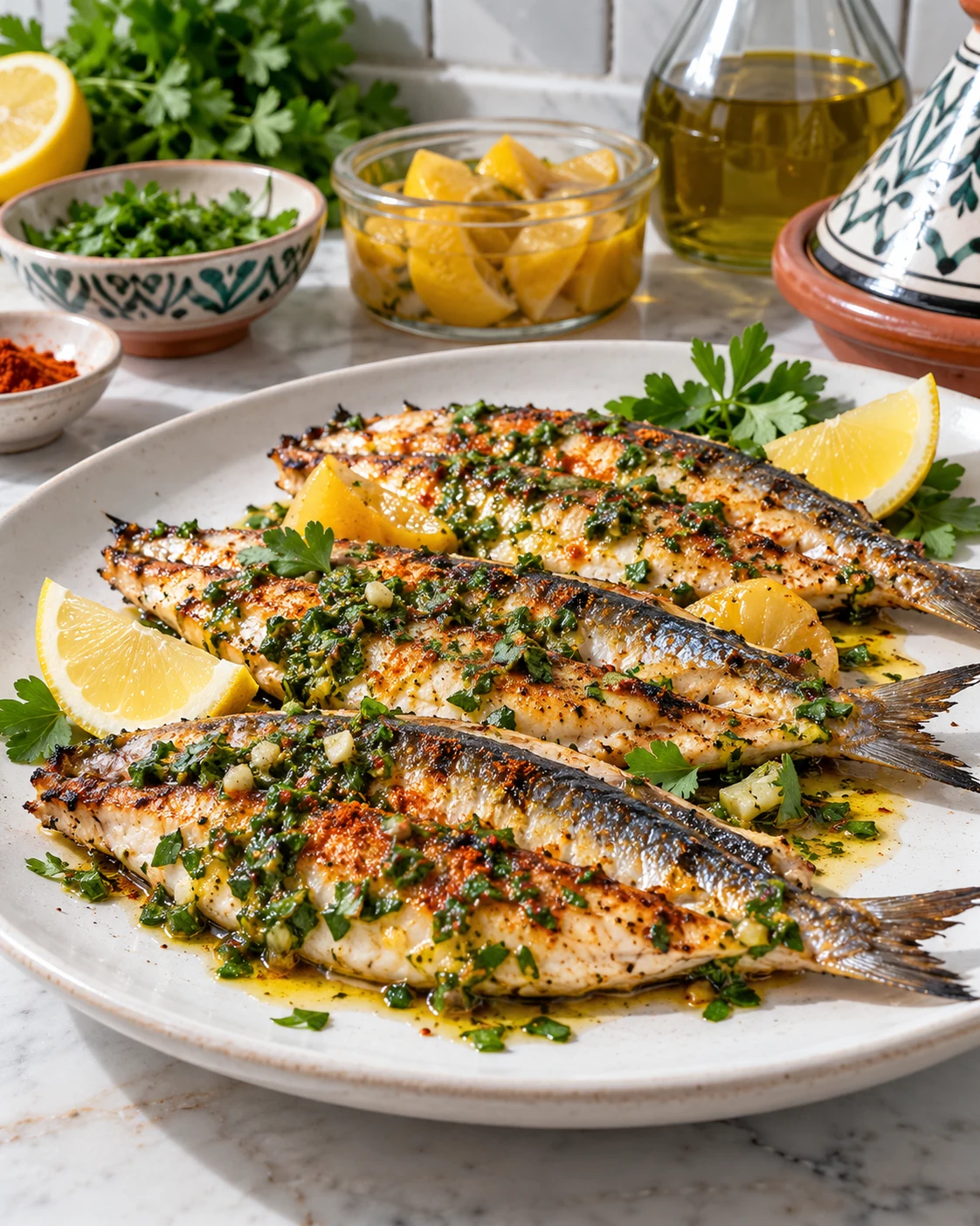 Lightly pan-cooked sardine fillets finished with green chermoula