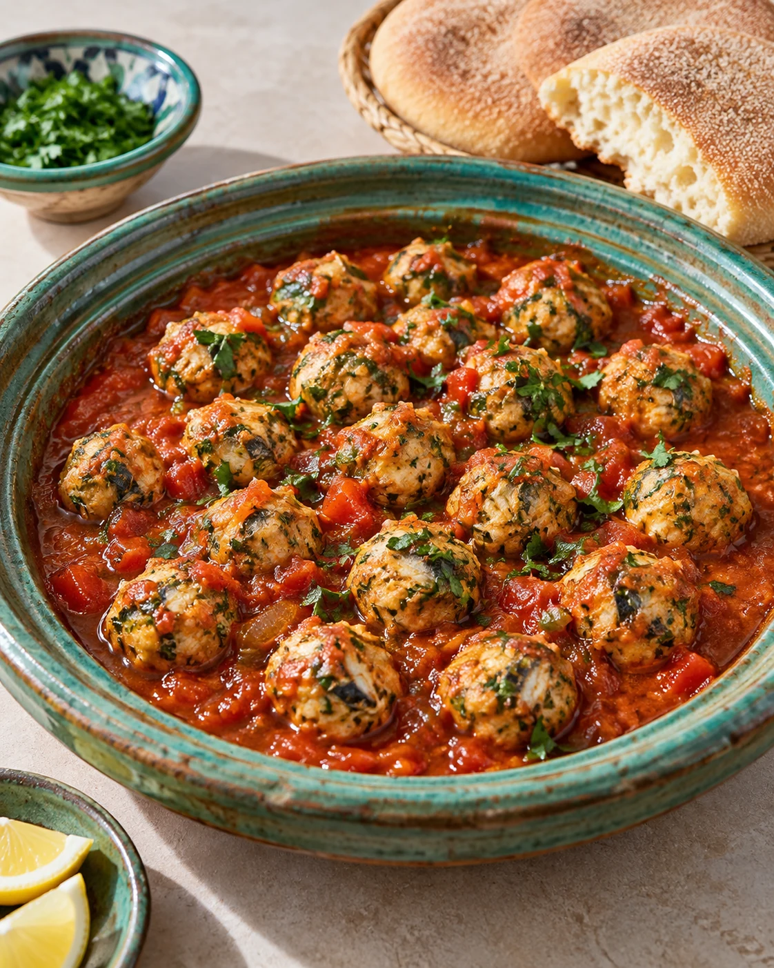 Small sardine kefta balls simmered in tomato sauce