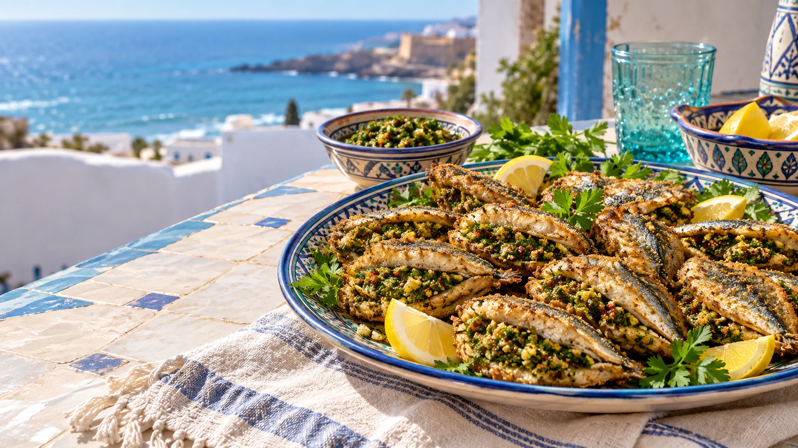 Chermoula-stuffed sardines with lemon on a sunlit Moroccan coastal terrace