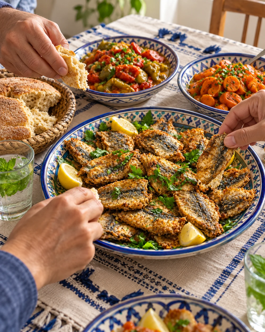 Hands sharing a Moroccan table of sardines, bread, lemon and small salads