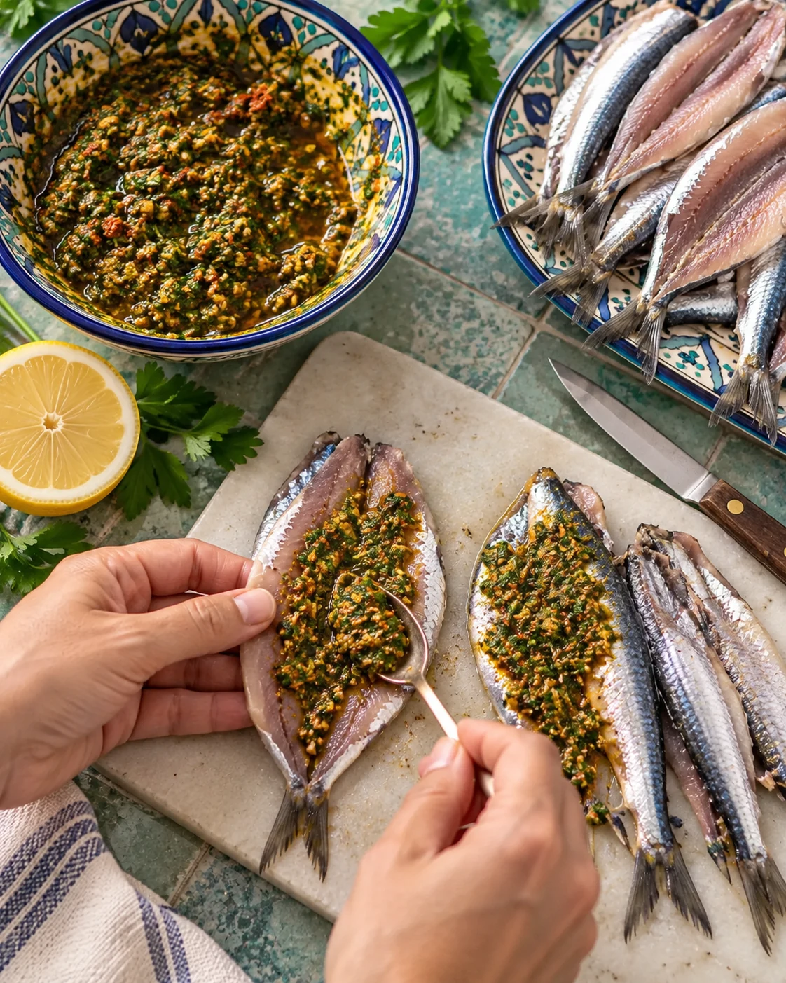 Hands spreading green chermoula over butterflied sardines
