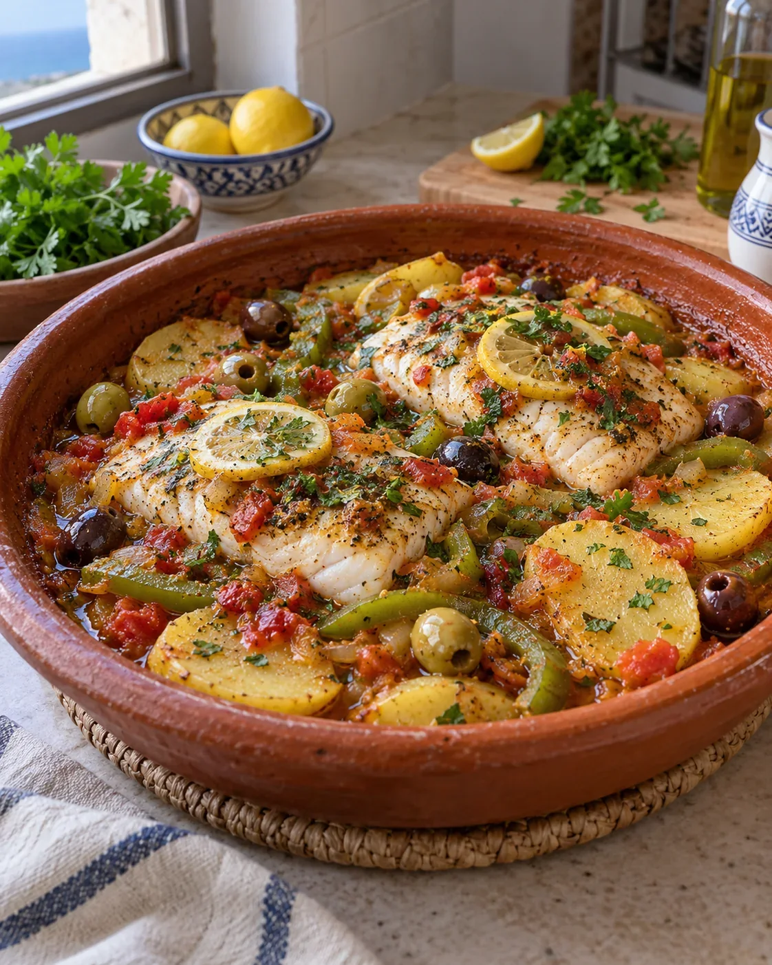 White fish baked with tomato, pepper, potatoes and olives