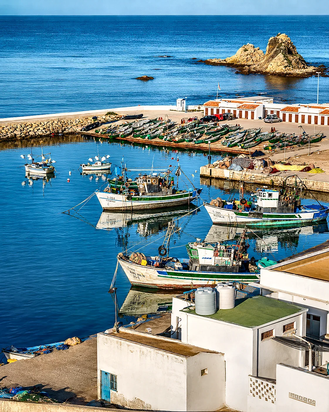 Fishing boats in the small Cala Iris harbor on Morocco's Mediterranean coast