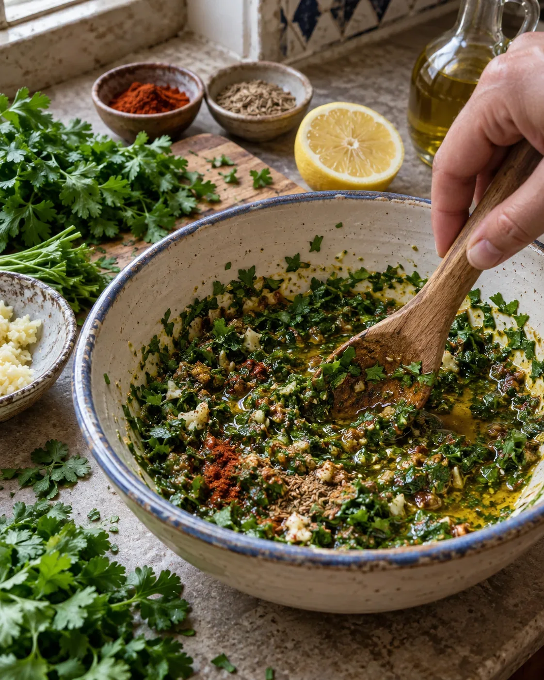 Coarse chermoula made with herbs, garlic, spices and oil