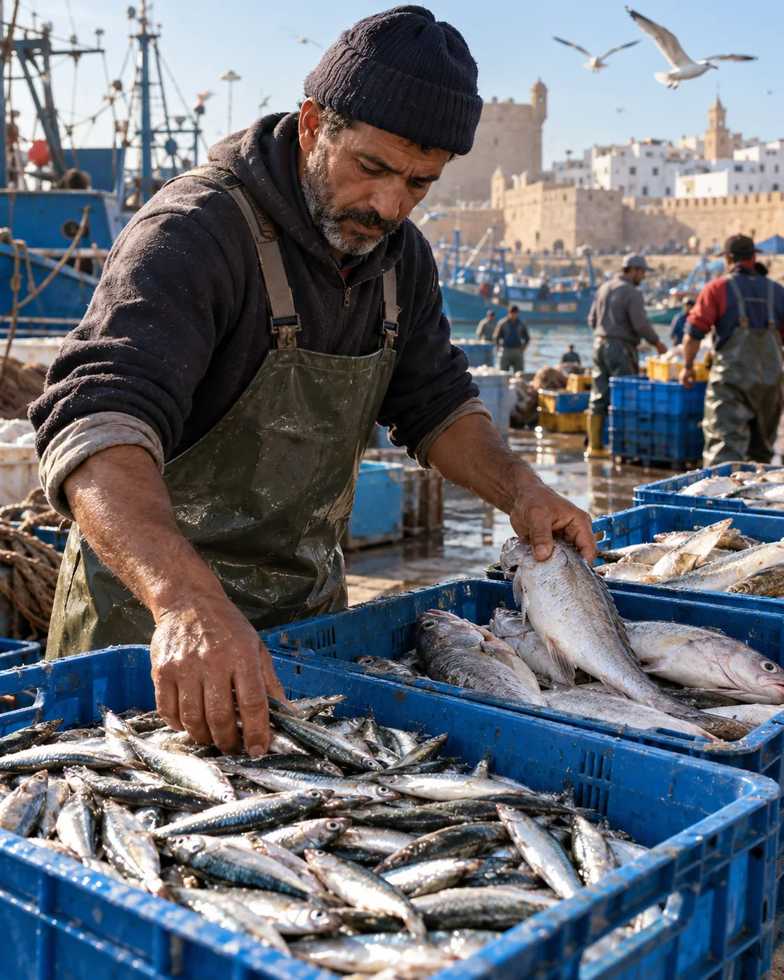 Fishmonger sorting fresh sardines and larger fish into crates at a Moroccan port