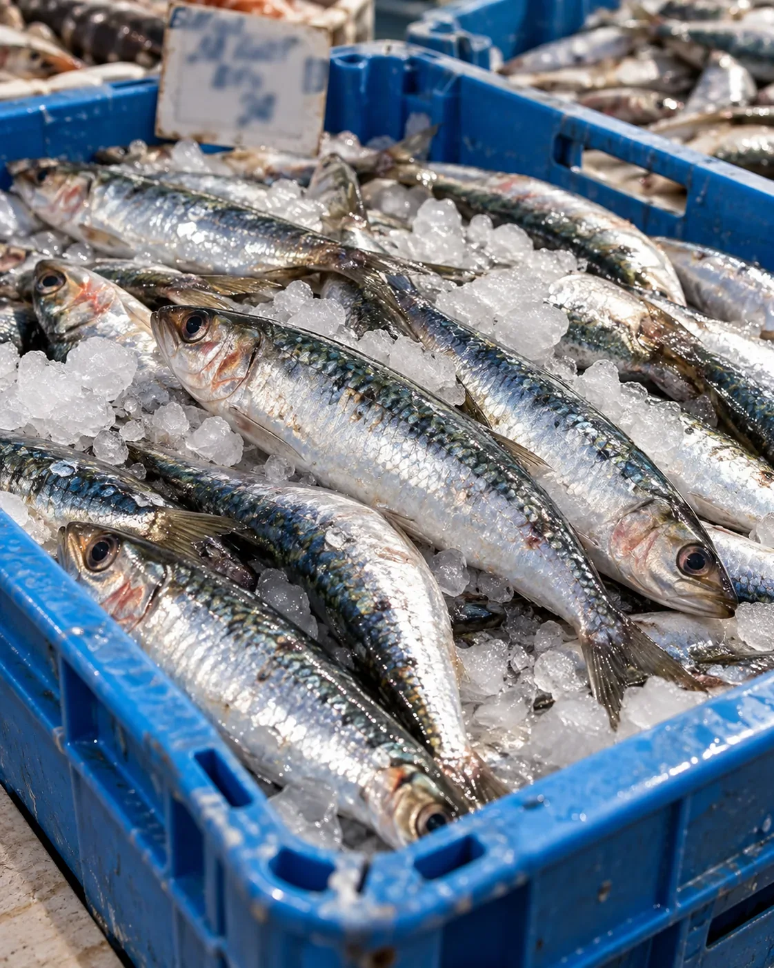 Fresh whole sardines on ice at the fish market