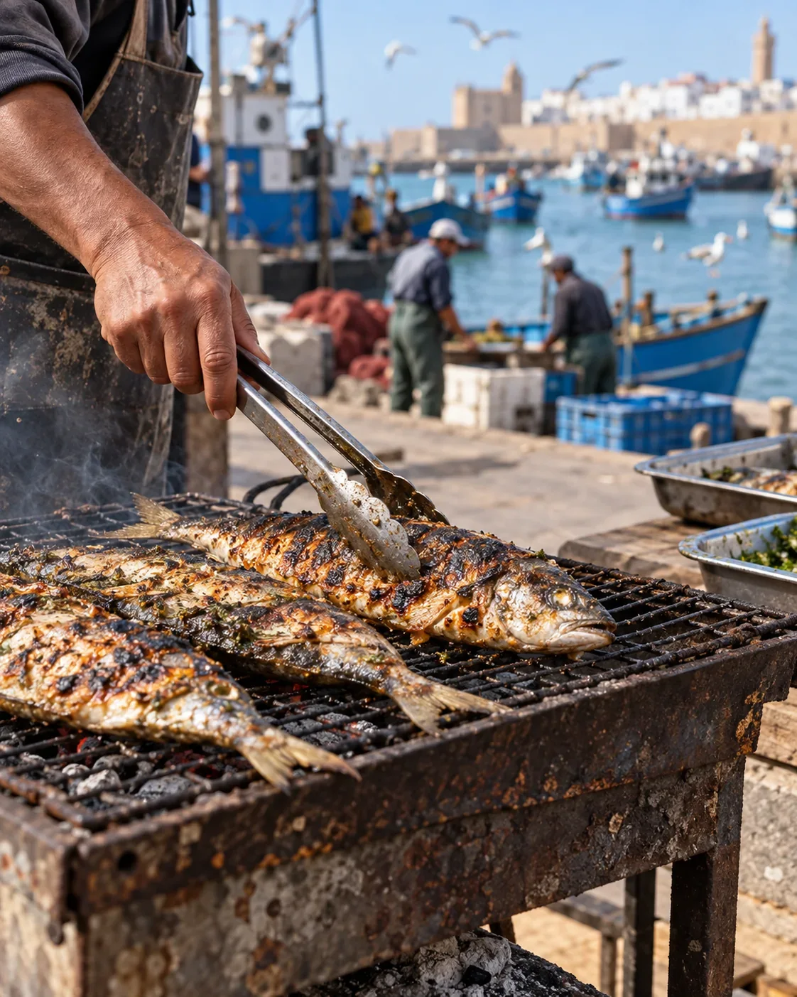 Cook turning whole fish over a small charcoal grill beside a working port