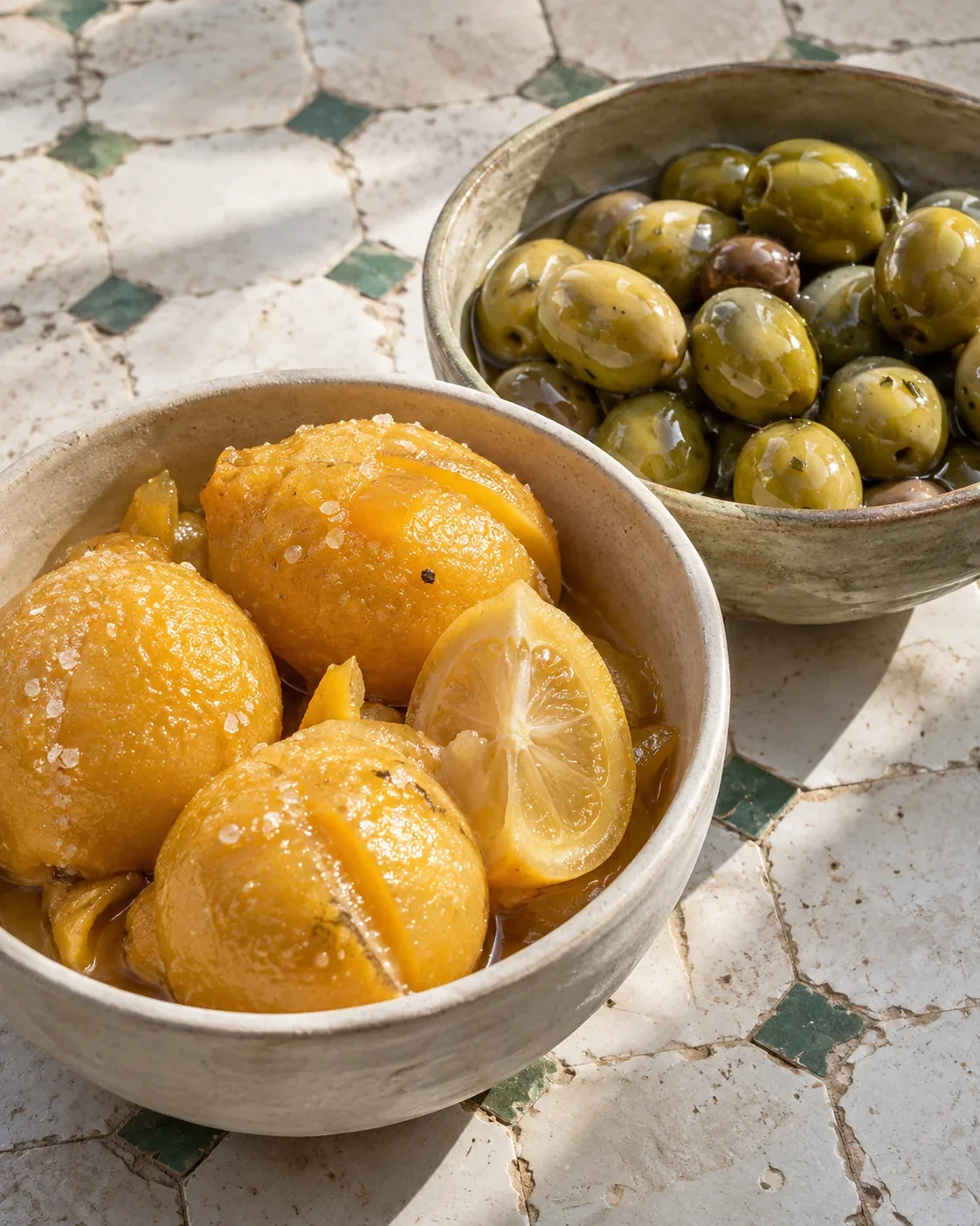 Preserved lemons and green olives in simple bowls