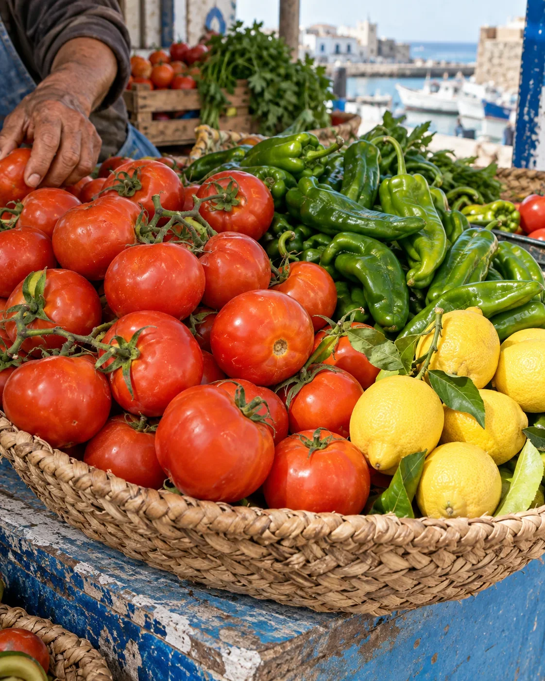 Tomatoes and peppers in a Moroccan market basket