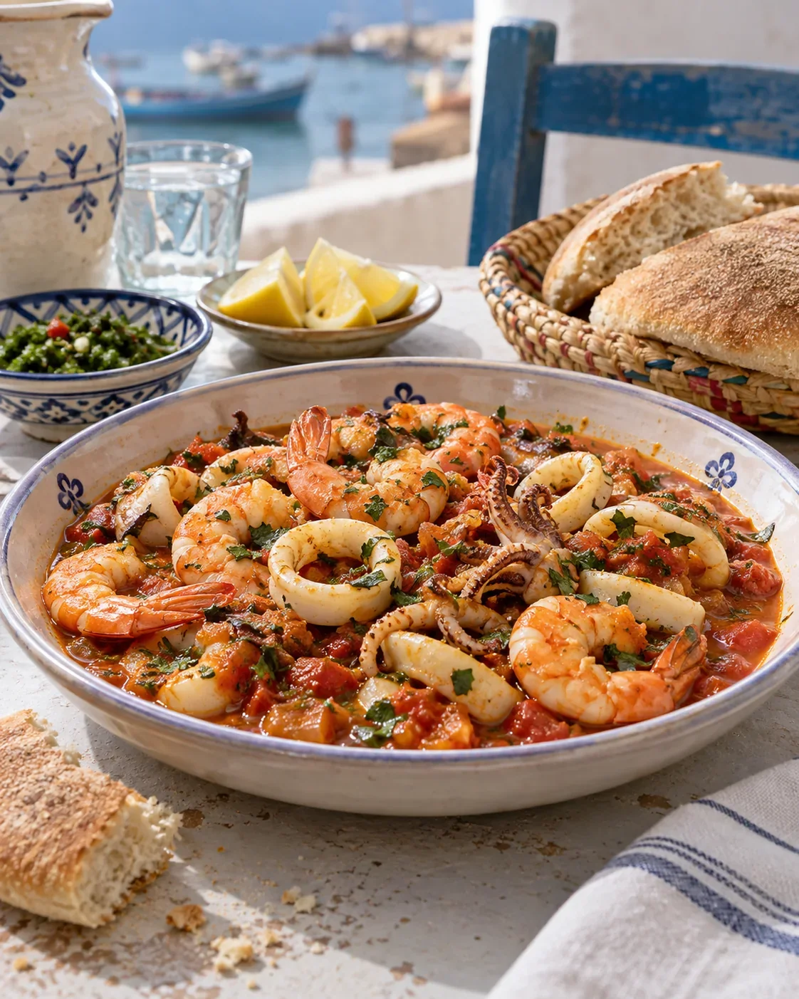 Shrimp and calamari in a tomato and herb sauce beside bread