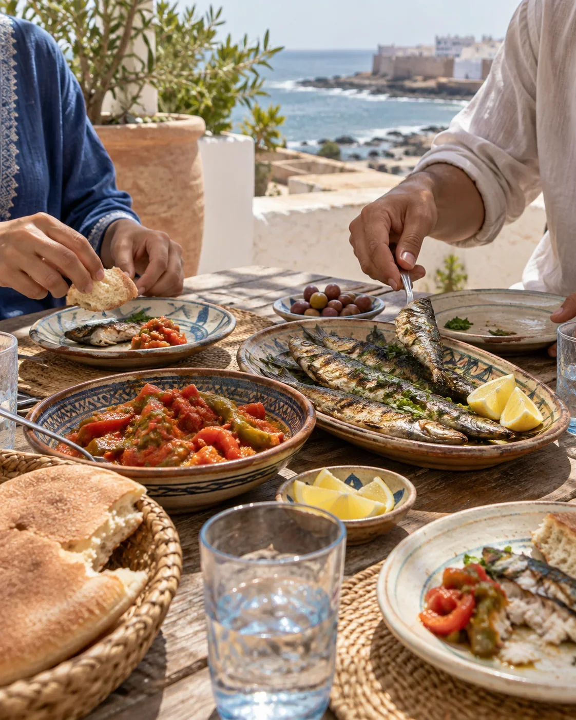 People sharing grilled fish, cooked pepper salad and khobz on a coastal table