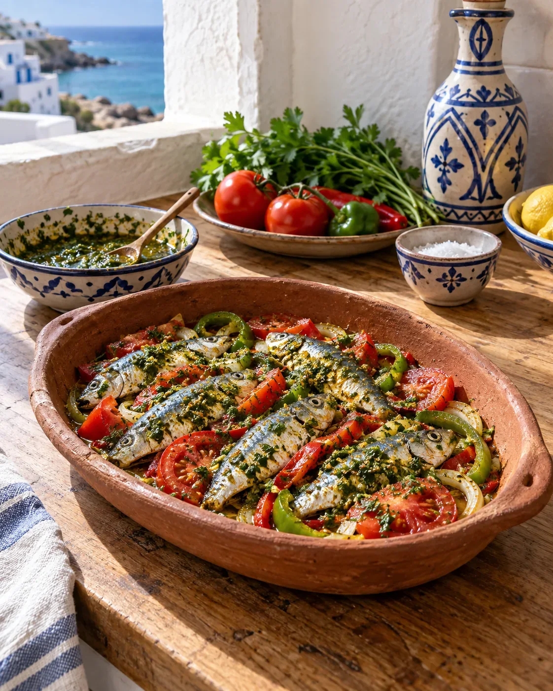Small fish in a shallow oval clay tagra with tomato and peppers