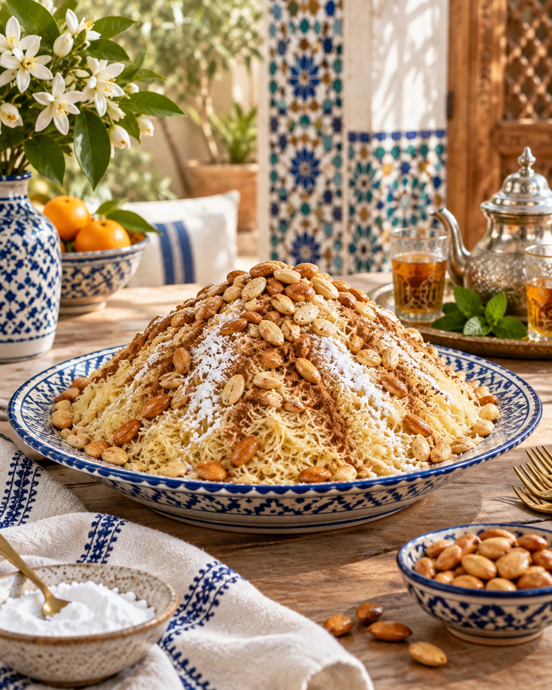 A finished platter of Moroccan seffa with almonds, cinnamon and powdered sugar