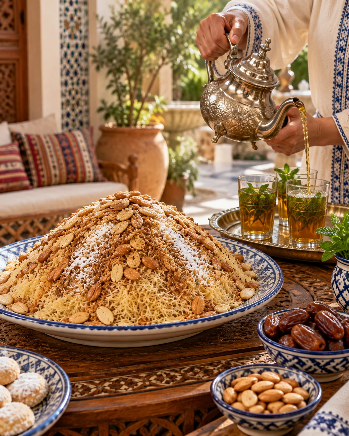 Moroccan seffa served beside mint tea on a carved wooden table