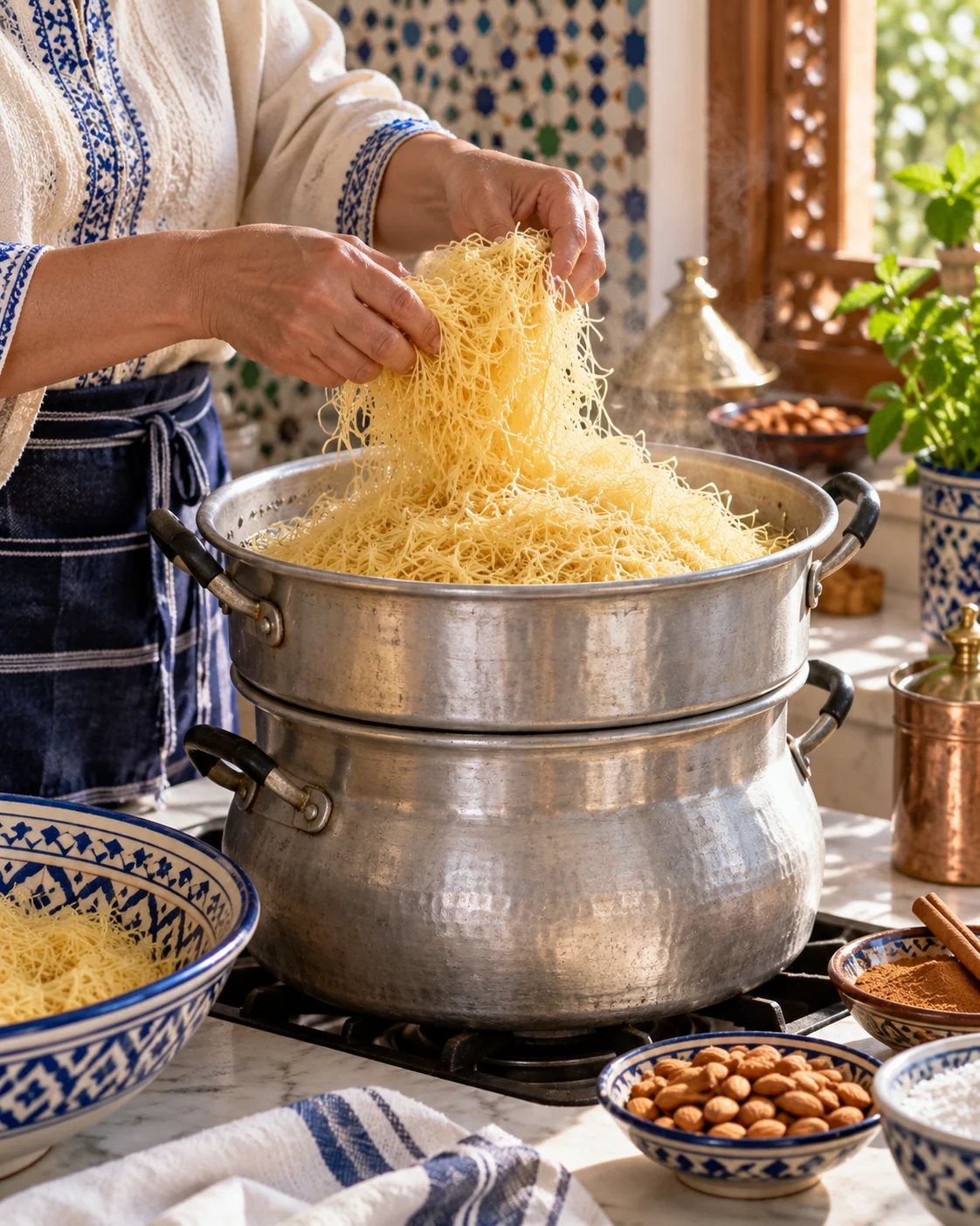 Hands lifting fine vermicelli above a couscoussier while preparing Moroccan seffa
