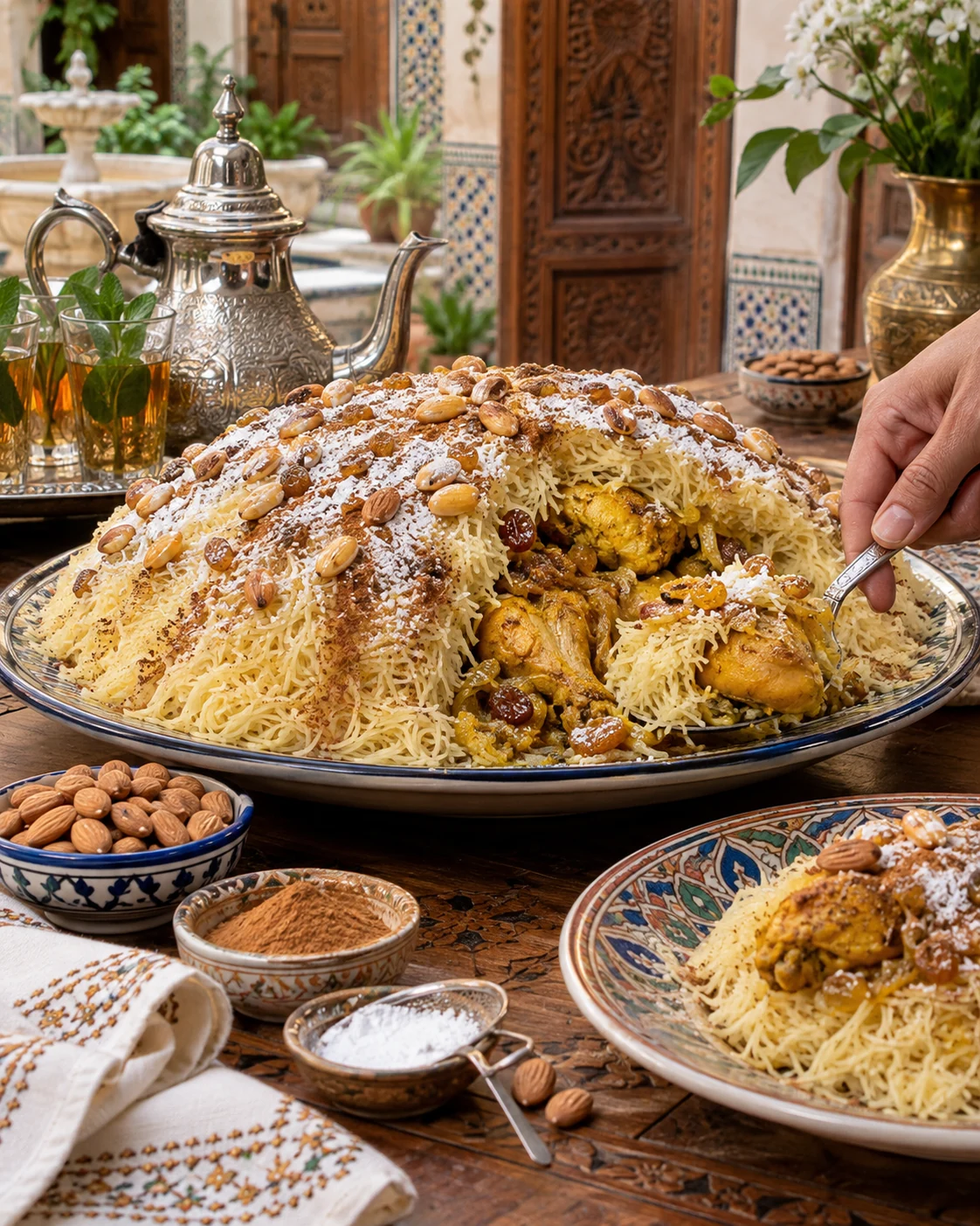 Seffa medfouna opened to reveal saffron chicken beneath the sweet vermicelli