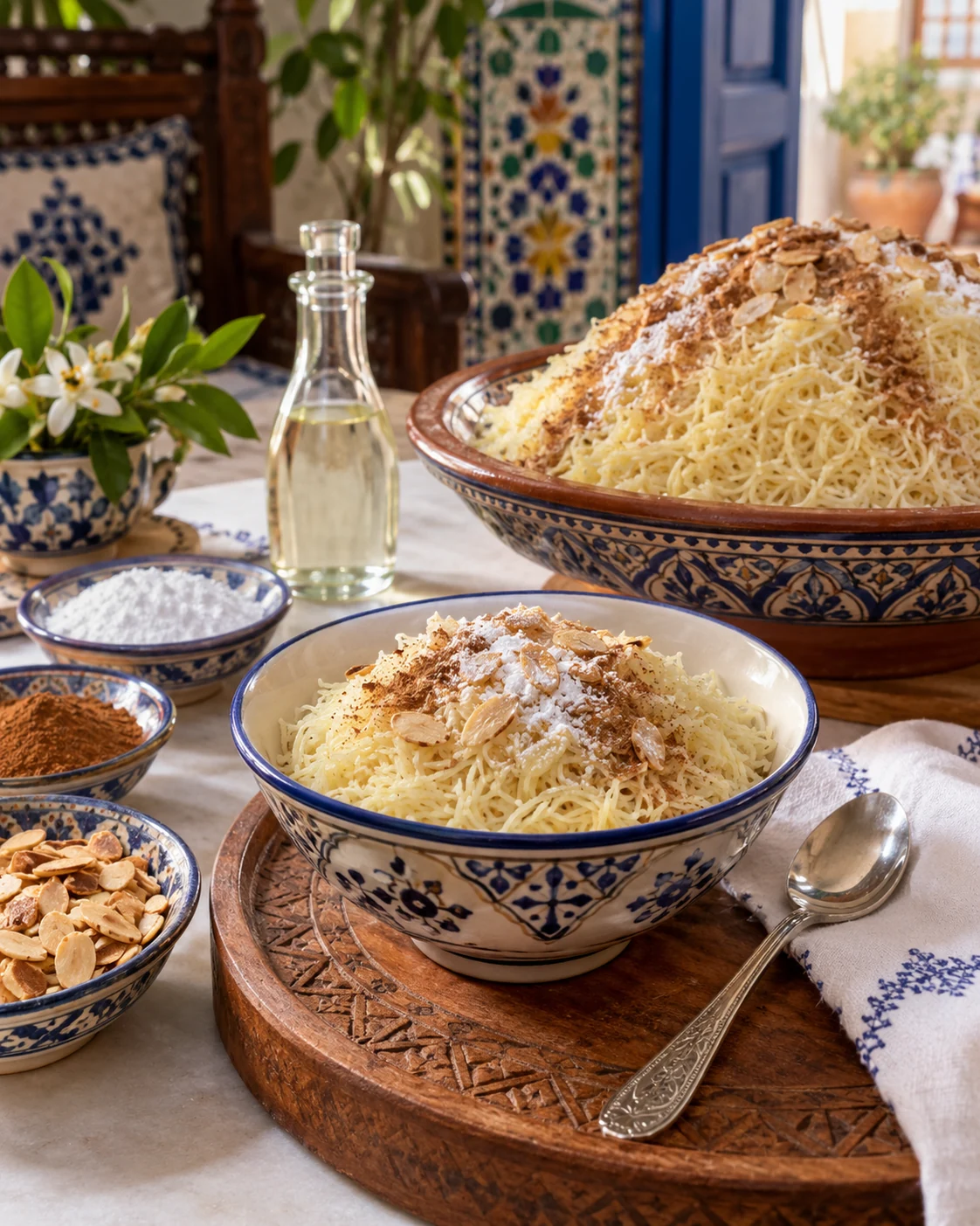 Individual bowl of seffa beside orange blossom water, cinnamon, sugar and almonds
