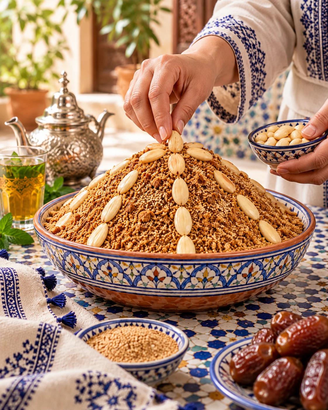 Hands arranging almonds on a mound of Moroccan Sellou