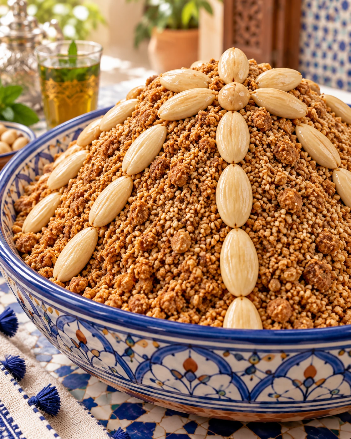 Close view of Moroccan Sellou with toasted sesame and almonds in a blue-and-white bowl