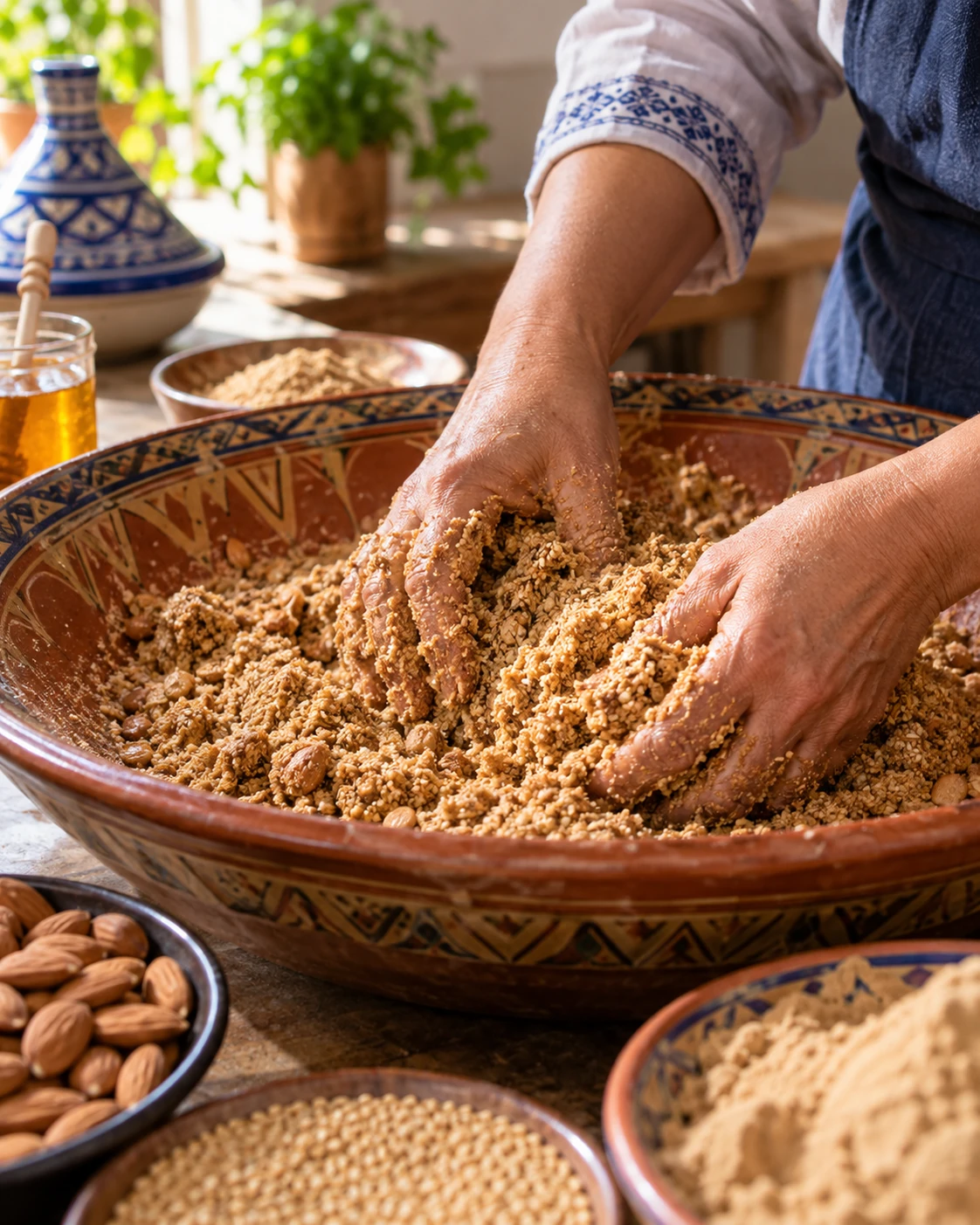 Hands mixing roasted flour, ground sesame and almonds in a broad Moroccan bowl