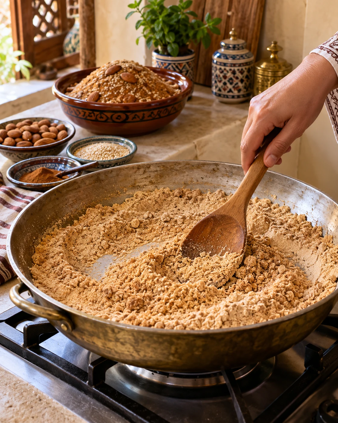 Browned flour being stirred in a wide metal pan