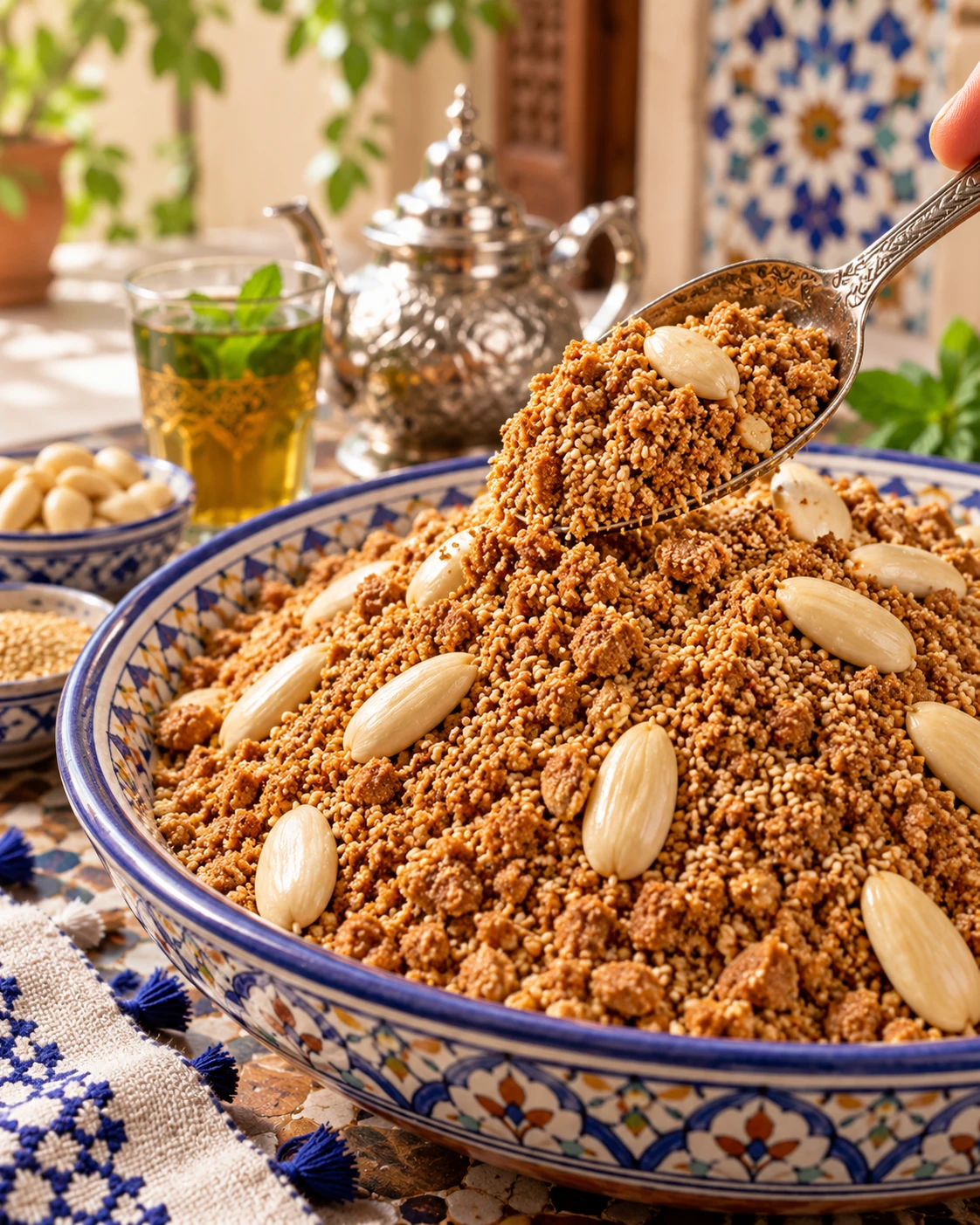 A spoon lifting Moroccan Sellou from a decorated bowl beside mint tea