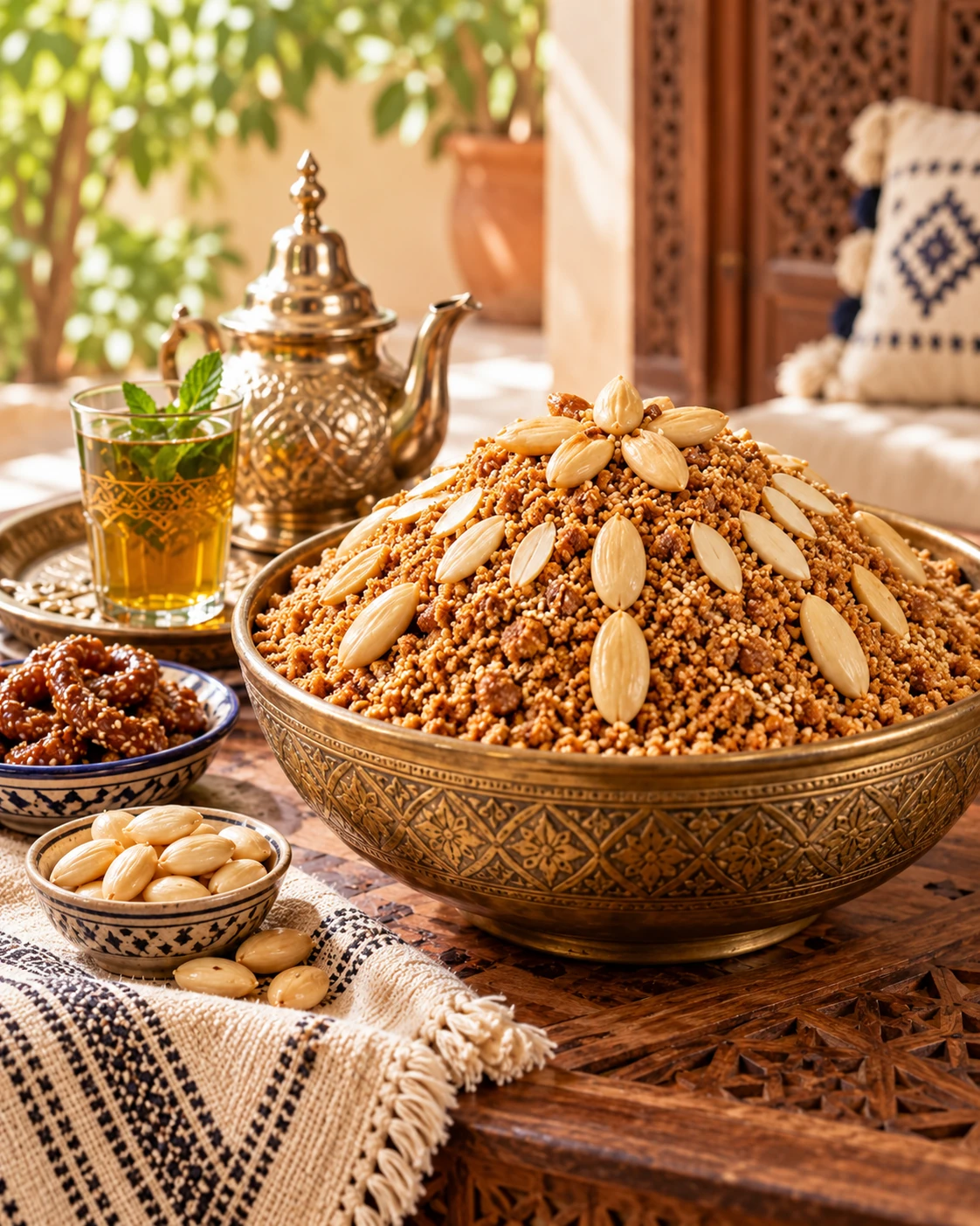 Loose Moroccan Sellou served in an engraved brass bowl with almonds