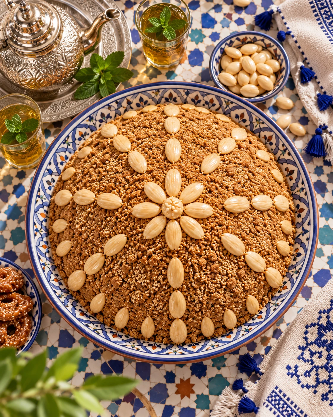 Decorated mound of Moroccan Sellou viewed from above with blanched almonds