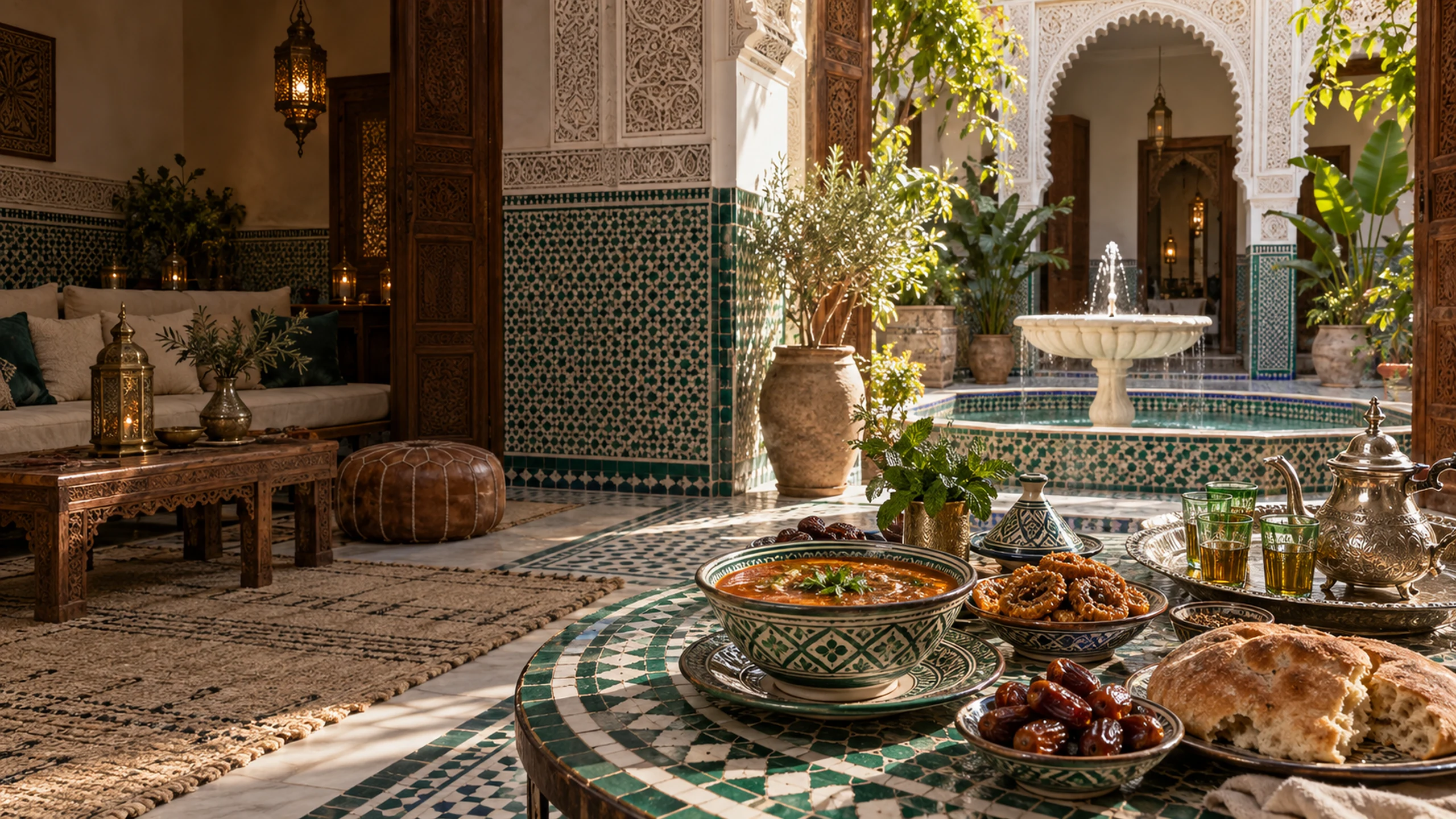 Moroccan riad interior with a flowing fountain, carved plaster and a zellige table set with harira, bread, chebakia, dates and mint tea