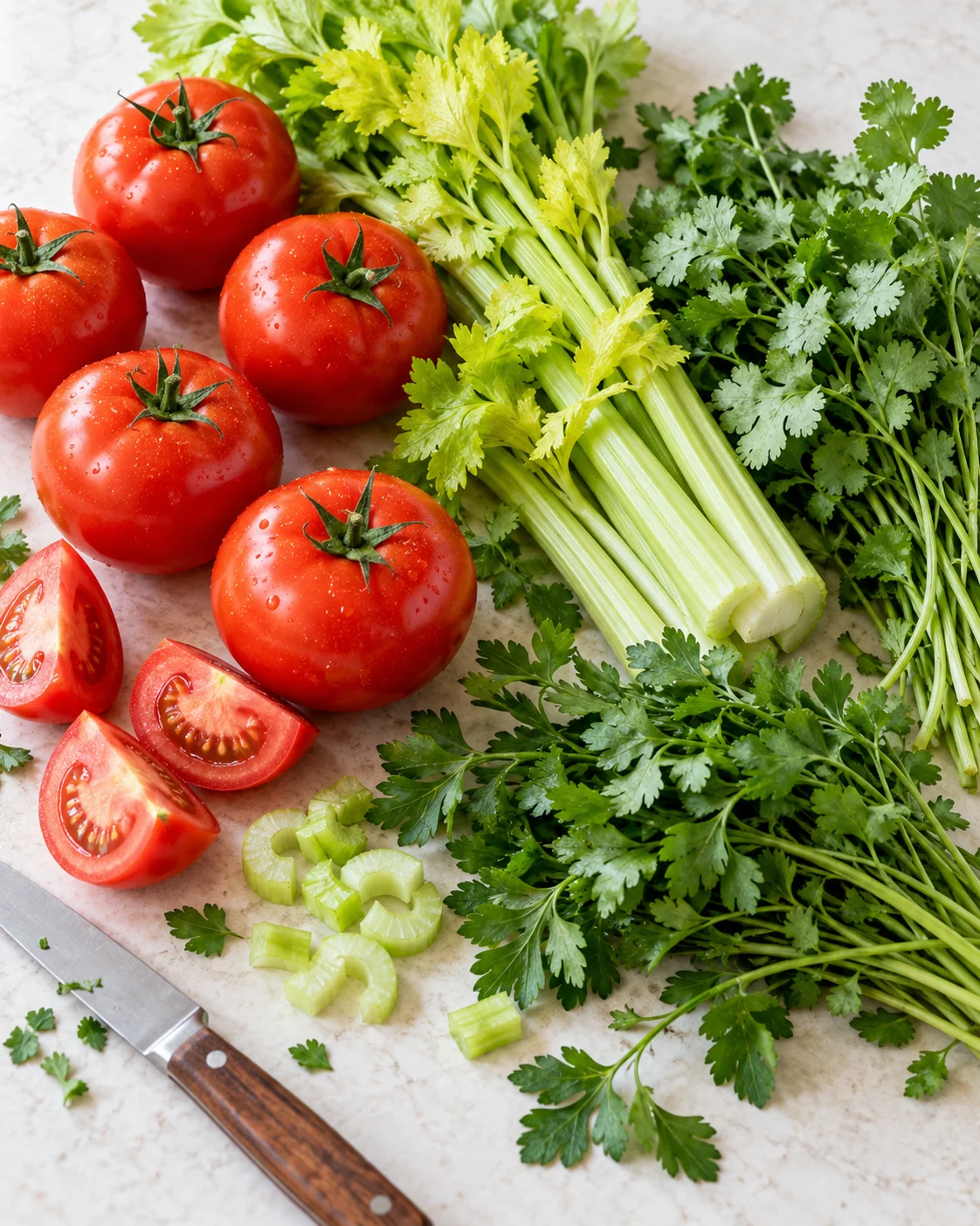 Tomatoes, celery, coriander and parsley