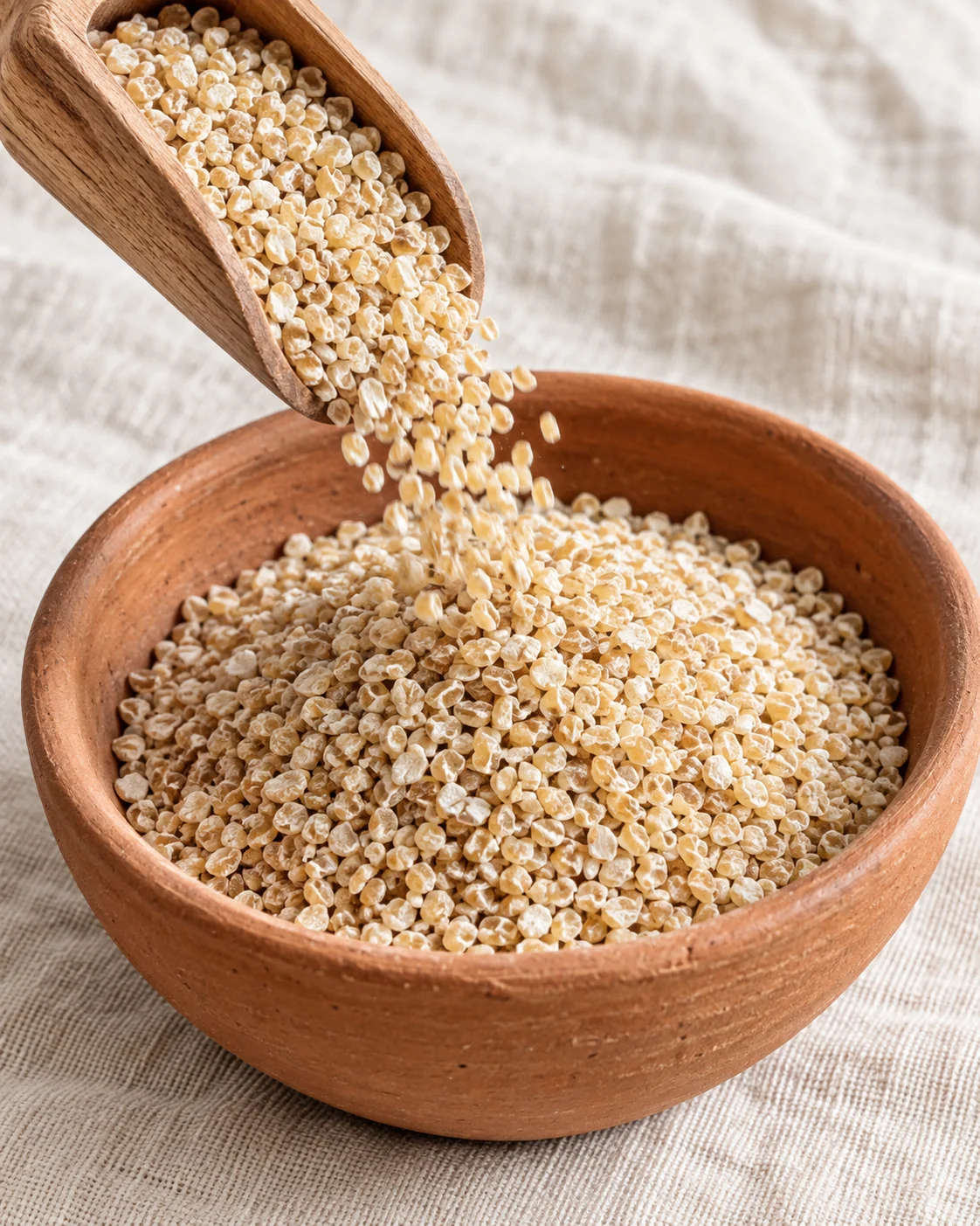 Barley grits being poured into an earthenware bowl