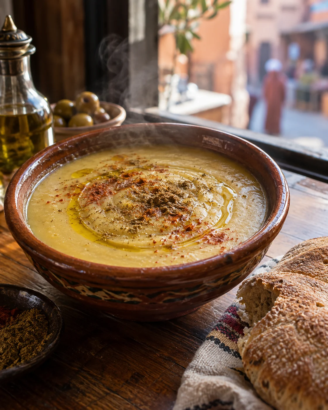 Golden bissara with khobz at a morning table