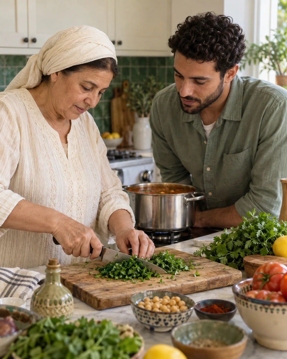 Two people preparing herbs beside a pot of harira